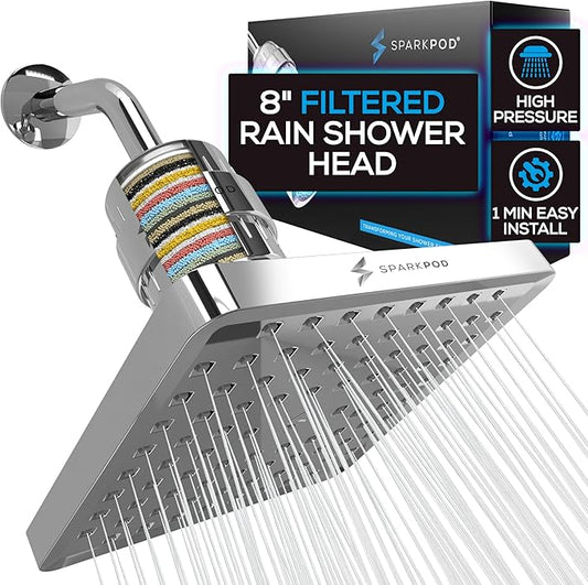SparkPod Luxury Filtered Shower Head Set 23 Stage Shower Filter - Reduces Chlorine and Heavy Metals - High Pressure Showerhead Filter (8" Square, Luxury Polished Chrome)