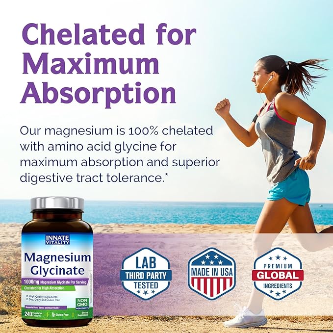 Innate Vitality Magnesium Glycinate 1000mg Per Serving | 140mg Elemental Magnesium Supplement - High Absorption, Non Buffered, Non-GMO & No Gluten - Nerve, Bone & Heart Health - 240 Caps