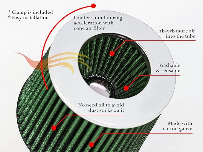 2.5" 63.5 mm Inlet Cold Air Cone Replacement Performance Washable Clamp-On Dry Air Filter