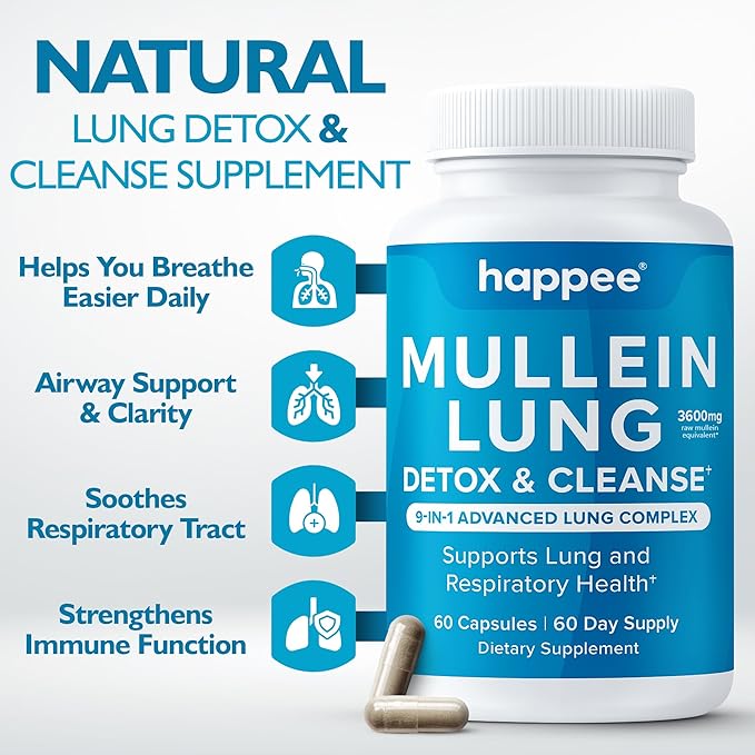 Mullein Leaf Extract for Lung Detox & Cleanse - Natural Lung Cleanse for Smokers - 9-in-1 Lung Health Supplement with Marshmallow Root, Echinacea, Licorice & More – 60 Capsules