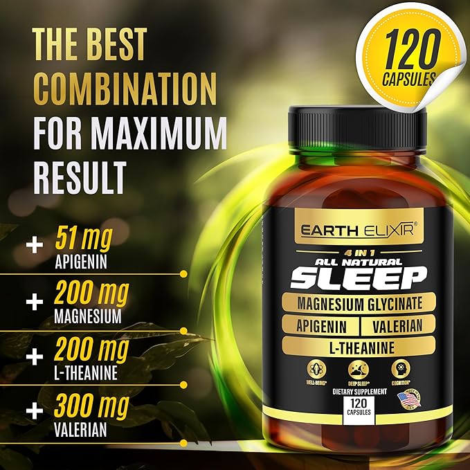 4-in-1 Sleep Aid (120 Caps) w/Apigenin 50mg, Magnesium Glycinate 200mg, L Theanine 200mg & Valerian Root for Sleep Aid 300mg | Apigenin Supplement for Sleep | Sleeping Pills