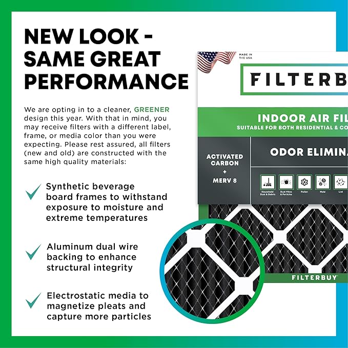 Filterbuy 20x30x1 Air Filter MERV 8 (MPR 700) Odor Eliminator Replacement (2-Pack), Electrostatic Pleated HVAC AC Furnace Filters w/Activated Carbon, Made in USA (Actual Size: 19.63 x 29.63 x 0.75)
