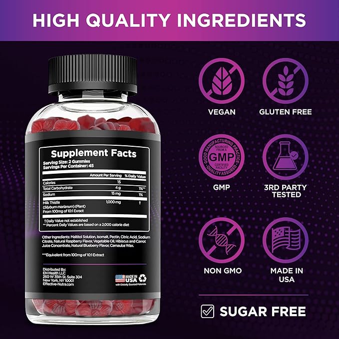 Milk Thistle Gummies | Sugar-Free Milk Thistle Extract 1000mg for Liver Detox & Antioxidant Support | Vegan, Gluten-Free| 45-Day Supply, Natural Berry Flavor, Made in USA (90 Count)