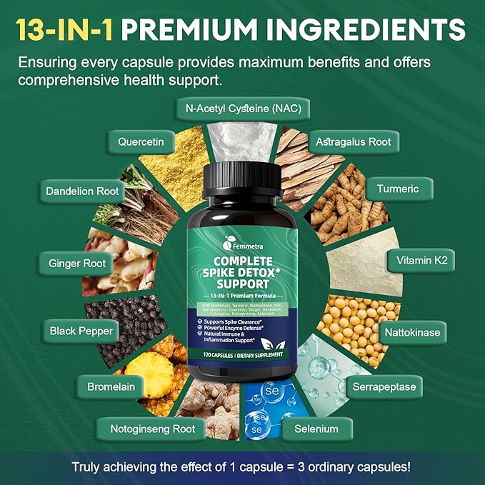Spike Protein Detox Capsules, 8000 FU Nattokinase Supplement with Bromelain and Curcumin, 13-in-1 Full Spectrum Spike Support Supplement for Immune & Antioxidant Health, Non-GMO, 120 Capsules