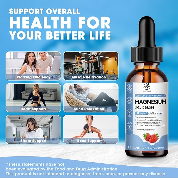 Magnesium Glycinate Liquid Drop with Citrate, Oxide and Taurate, Calm Magnesium with Omega3, L-Theanine, D3, B6, B12 for Calm, Sleep, Leg Cramps, Muscles, Energy, Sugar-Free Strawberry Flavor