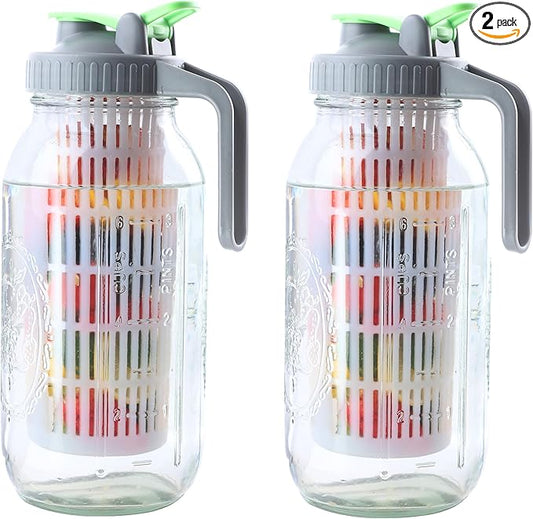 Glass Mason Jar Water Fruit Infuser Pitcher With Lid 64 Oz Wide Mouth Tea Infused Pitchers 2 Quart Sun Tea Jar For Outside Half Gallon Iced Coffee Tea Lemonade Juice Homemade Drinks Container- 2 Set