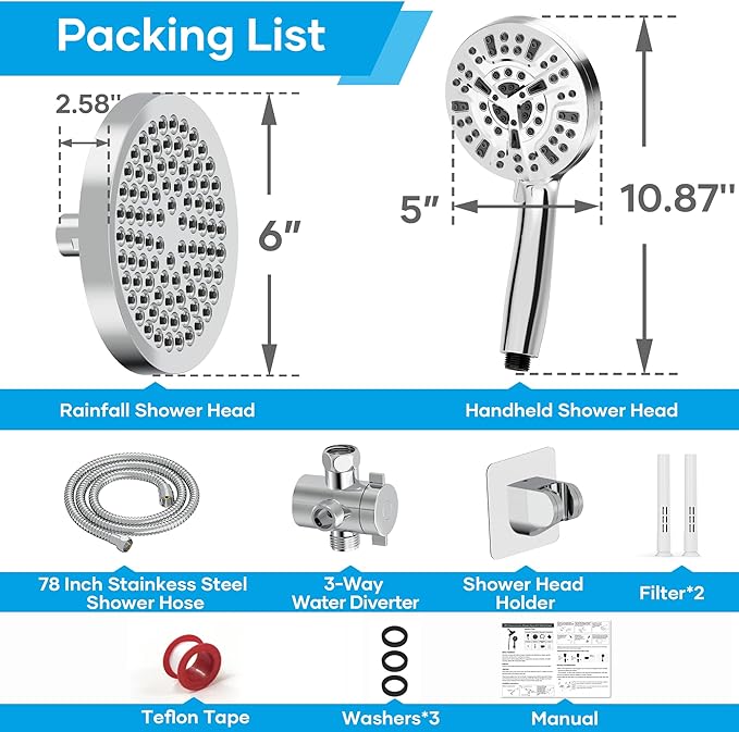 Shower Head with Handheld Spray Combo,High Pressure Dual Double Rain Shower Head with Handheld 10-Mode 78" Hose Chrome