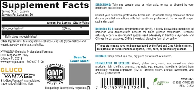 XYMOGEN Berberine ES-5 - Dihydroberberine Berberine Supplement - 5X The Traditional Bioavailability - Metabolic Support (60 Capsules)