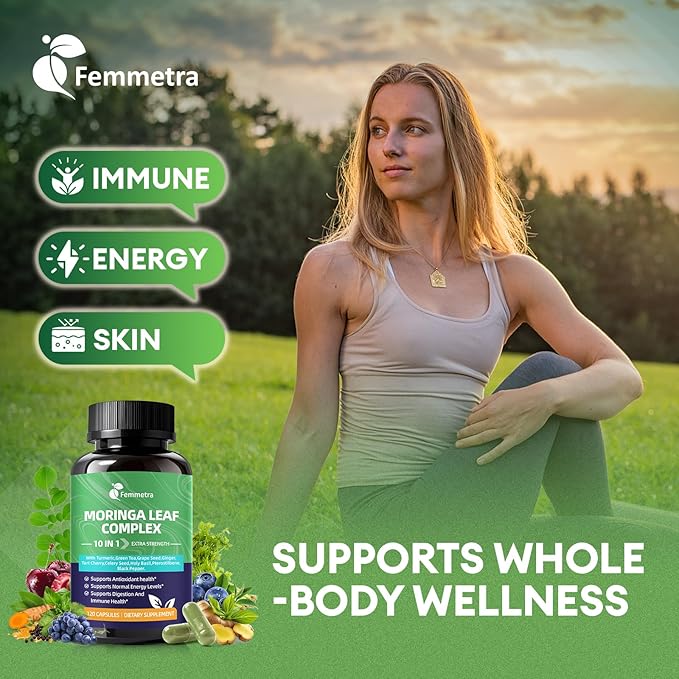 Moringa Turmeric Capsules, Femmetra 10-in-1 Moringa Leaf Complex, Energy, Skin, Immune & Gut Health Superfood, Rich in Antioxidants, Vitamins & Amino Acids with EGCG Grape Ginger Basil Extract, 60 Day