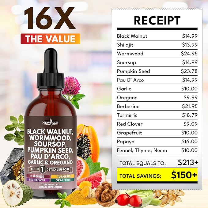 Black Walnut Wormwood Cleanse Drops - Liquid Soursop, Garlic, Pumpkin Seed, PAU D'Arco, Oil of Oregano, Turmeric, Berberine, Neem Extract, Hull Bark, Tincture - 2oz