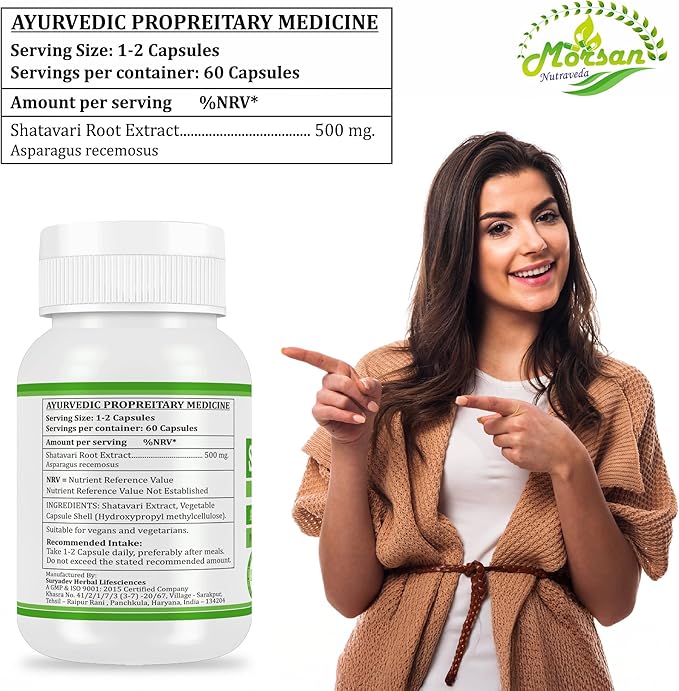 Morsan Nutraveda’s Shatavari (Asparagus Racemosus) Capsule | 10:1 Highest Potency Extract | 100% Natural Product | Combo Pack of 2 x 60 x 500 mg. Veg. Capsules