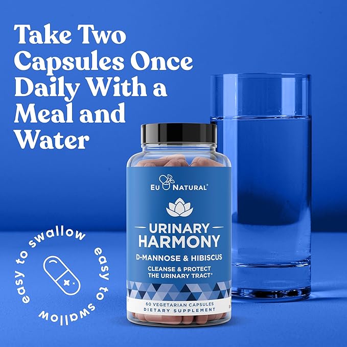 Urinary Harmony D-Mannose Supplement – Urinary Tract Health for Women – Cleanses and Flushes The Urinary System – Potent Clinical Strength Formula with DMannose and Hibiscus – 60 Fast Acting Capsules