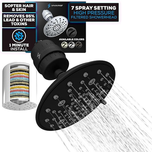 SparkPod Luxury Filtered Shower Head Set 23 Stage Shower Filter - Reduces Chlorine and Heavy Metals - High Pressure Showerhead Filter (8" Round, Midnight Black Matte)