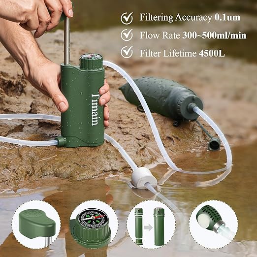 Timain Outdoor Portable Water Filter Pump,Water Filtration Systems,Perfect for Travel,Camping, Hiking,Fishing,Hunting,Emergency Preparedness