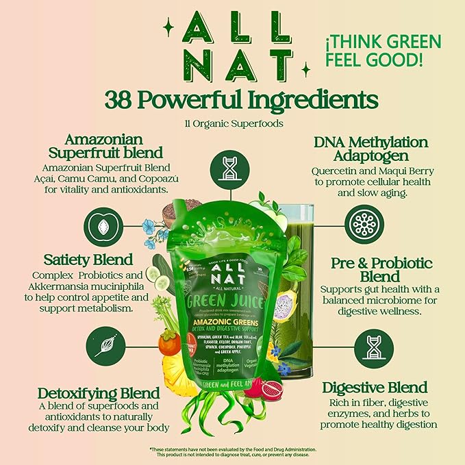 ALL NAT Super Greens Powder | Green Juice with 38 Superfoods, 11 Organic Nutrients, Amazonian Antioxidants | Gut Health, Detox & Immunity | Vegan, No Sugar – 30 Servings