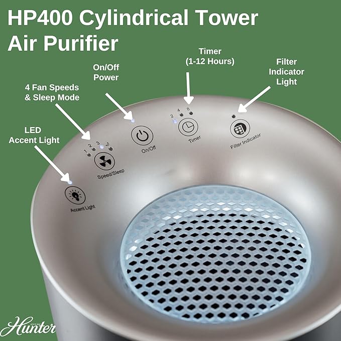 Hunter Fan Company HP400 Round Tower Air Purifier for Small Rooms, Featuring True HEPA Filtration and EcoSilver® Pre-Filter for Allergy and Asthma Relief, Black and Blue