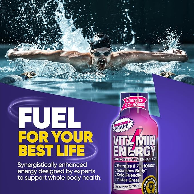 Vitamin Energy Immune+ Extra Strength Energy Shot Grape 24 Pack, 260mg Natural Caffeine, B-Vitamins, Citicoline, Green Tea, Immunity & Focus Support, Zero Sugar, Gluten-Free 1.93 fl oz