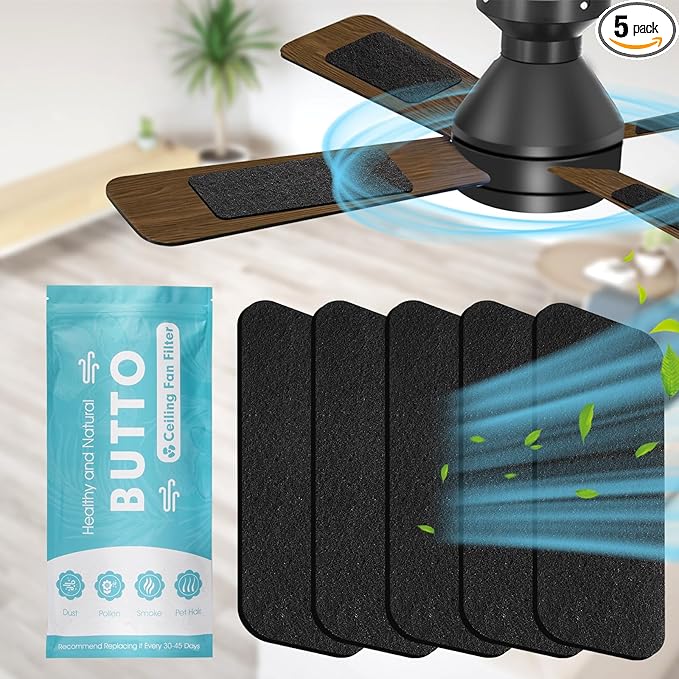 Butto 5-Pack Ceiling Fan Filters for Blades - Strong Adhesive Ceiling Fan Filters for Common Household Contaminants - Unscented Coconut Carbon Fan Air Purifier Pads to Make Air Fresh and Natural