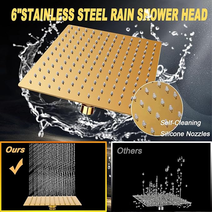 High Pressure Square Rain Gold Shower Head and Handle Shower Set.Equipped with 78" Stainless Steel Shower Hose, 3 Way Diverter Valve, Adhesive Shower Head Holder (Rainfall Shower Head Set AWAXFOLO)