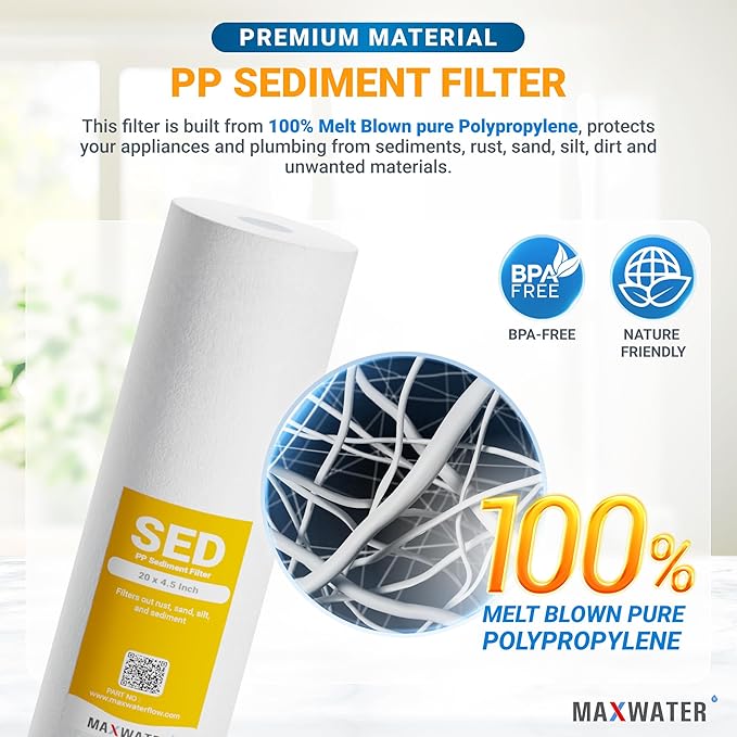 Max Water 10 Micron 20 x 4.5 Sediment Filter 20 inch Whole House BB Water Filteration System Replacement Compatible Cartridge DGD-5005-20, FP25B, AP810-6, FPMB5-20, P5-20, 155358-43, SDC-45-2005