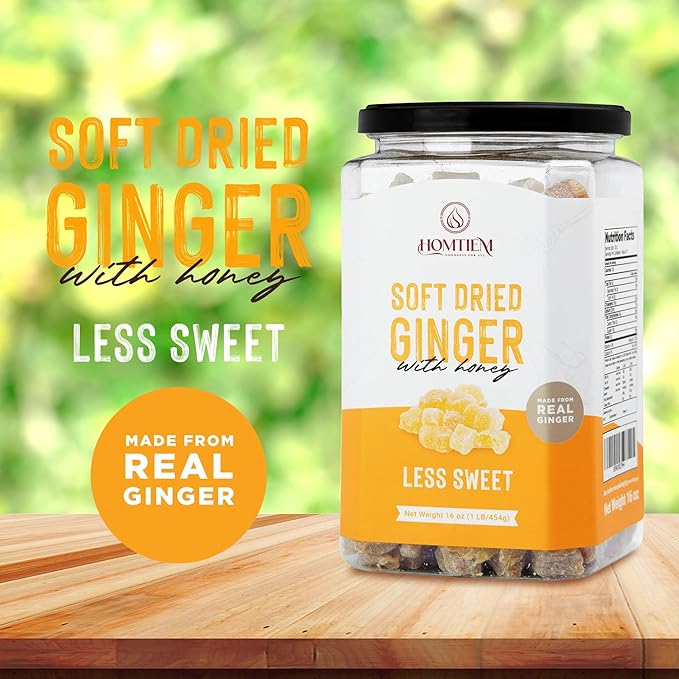 Homtiem Dried Crystallized Ginger Less Sweet & Less Sugar 3 Ib (16 Oz pack 3)Soft and Chewy Delicious Dried Gingers, No Artificial Colors ,Easy to eat, Easy to keep, Easy to use, Perfect for Cooking
