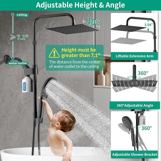 10" Filtered Rain Shower Head with Handheld Spray Combo, High Pressure Shower Head and Handle Set with Filter, Dual Shower Head with Extra Long Hose and Adjustable Extension Arm (Black)