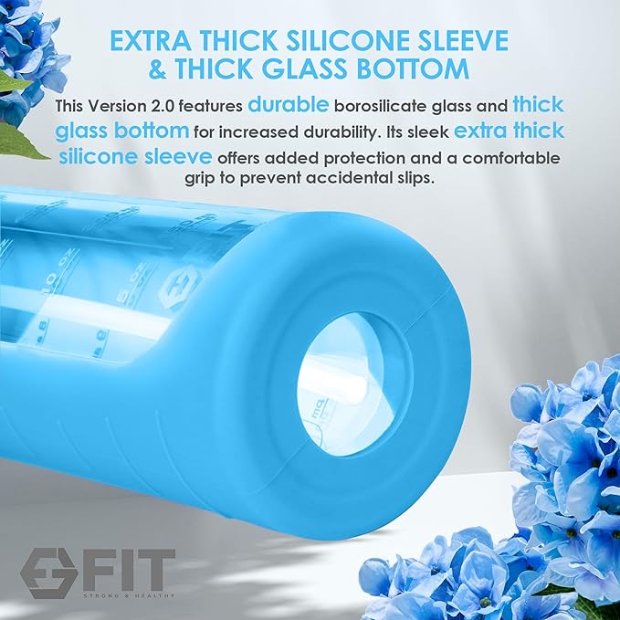 FIT Strong & Healthy 32 oz Glass Water Bottle with Straw Lid, Time Marker, Sleeve & Extra Lid - Motivational, Wide Mouth 1 Liter Glass Drinking Bottle