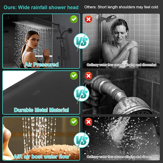 All Metal 10 Inch Rain Shower Head with Handheld Spray Combo, High Pressure Waterfall Rainfall Square Shower Heads with 16" Adjustable Extension Arm, Dual Showerhead with 3-Way Diverter, Matte Black