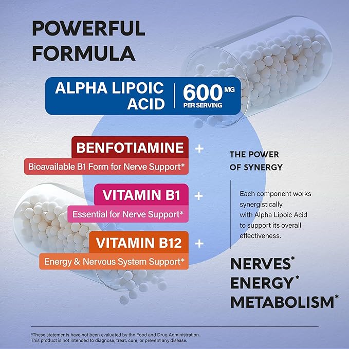 Alpha Lipoic Acid 600mg - ALA Supplement Antioxidant for Nerve, Energy & Metabolism Support - Extra Strength with Benfotiamine, B1 & B12 - Lab Tested, Non-GMO & Vegan - 120 Capsules, 2 Month Supply