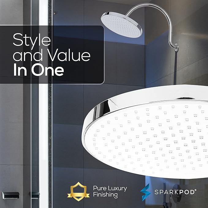 SparkPod 10 Inch Round Rain Shower Head - Ceiling or Wall Mount Rainfall Shower Head - Large Coverage Showerhead - Brass Ball Joint with 360° Adjustment - 1-Min Install (Chrome and White)