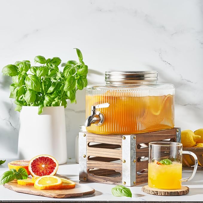 Glass Drink Dispenser for Fridge - 100% Leakproof Stainless Steel Spigot - Liquid Laundry Detergent Dispenser, Punch Bowl Beverage Dispenser for Parties, Water Dispenser Countertop, 5L Jug 1.32 Gallon