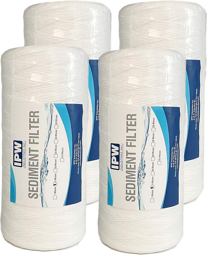 IPW Industries Inc. 4-Pack 5 Micron Whole House Sediment Water Filter - 10" x 4.5" String Wound Water Filter - Fits Most 10" Water Cartridge Housings