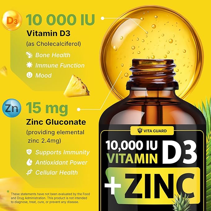 Vitamin D3 Drops with Zinc – 10,000 IU D3 & 15 mg Zinc Liquid Supplement – Immune Support for Men & Women – Sugar-Free Pineapple Flavor – 30-Day Supply