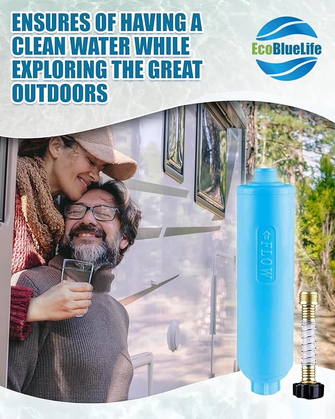 EcoBlueLife RV Water Filter - Inline Attachment with KDF & Activated Carbon, Reduces Odors, Chlorine-Taste, Sediments for Pure Drinking Waters, Perfect for Travel Trailers, Marine, Camper Water Filter