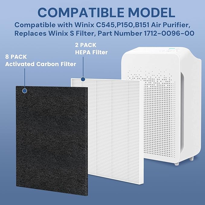 C545 True HEPA Replacement Filter S Compatible with Winix C545, B151, P150, 9300 Air Purifier, Winix S Filter 1712-0096-00 2522-0058-00, 2 Pack H13 True HEPA Filter and 8 Activated Carbon Filters