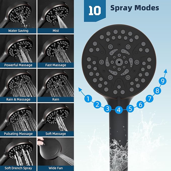 Hibbent All Metal Shower Head, 10'' High Pressure Rainfall Shower Head/Handheld Showerhead Combo with 12'' Adjustable Curved Shower Extension Arm, 10-Spray, 71'' Hose, Shower Holder, Oil Rubbed Bronze