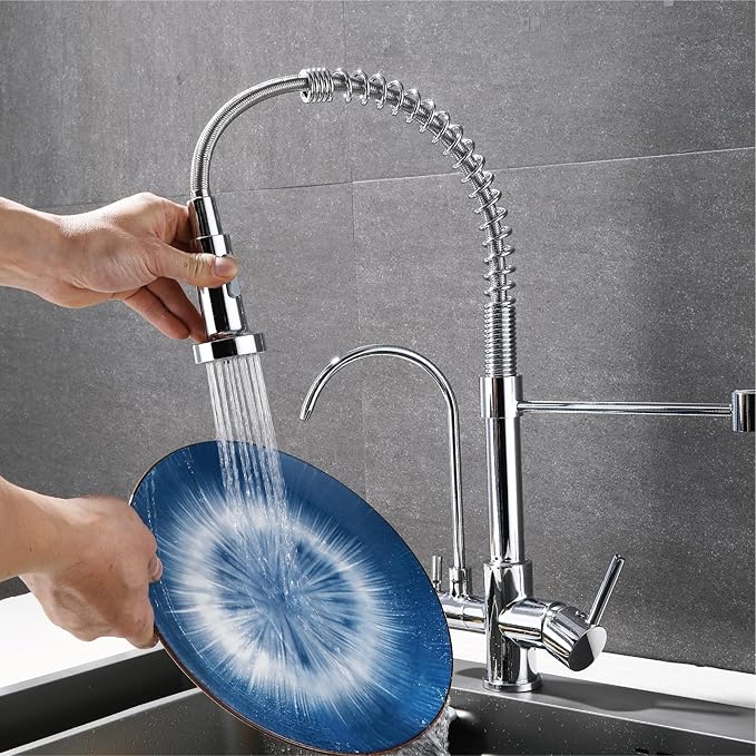HUAHUALALA 3 in 1 Kitchen Sink Faucet 2 Handle with Spring Sprayer, Kitchen Faucet with Filter, Brass Drinking Water Faucets Reverse Osmosis Chrome