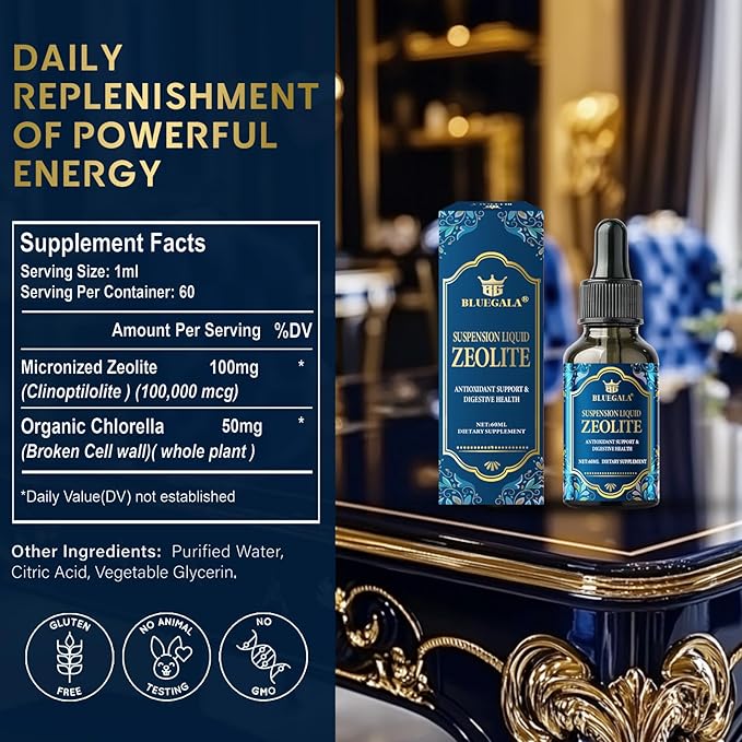 BLUEGALA Zeolite Detox for Kids and Adults, Effective Heavy Metal Detox, Zeolite Drops with Organic Chlorella, Supports Digestive and Immune Health, 60 ml
