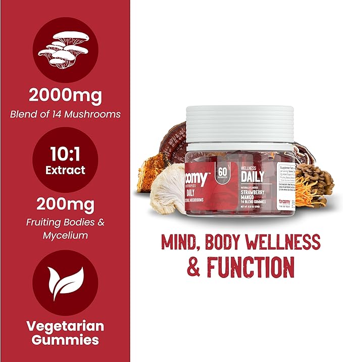Troomy Daily 14 Mushroom Blend Gummies - Great Tasting Natural Mango Strawberry Flavor, Gelatin-Free, Gluten-Free, Vegetarian - 60 Count