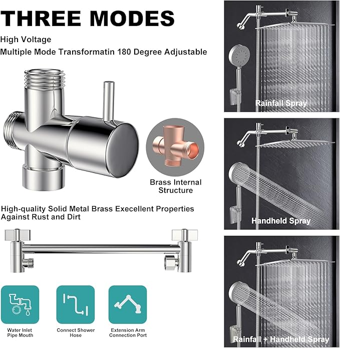 Shower Head with Handheld Combo 10" Chrome High Pressure Rain Shower Head 11" Adjustable Extension Arm and 5 Settings Adjustable SUS 304 Handheld Showers with 59" Hose, 2-in-1 Shower Holder