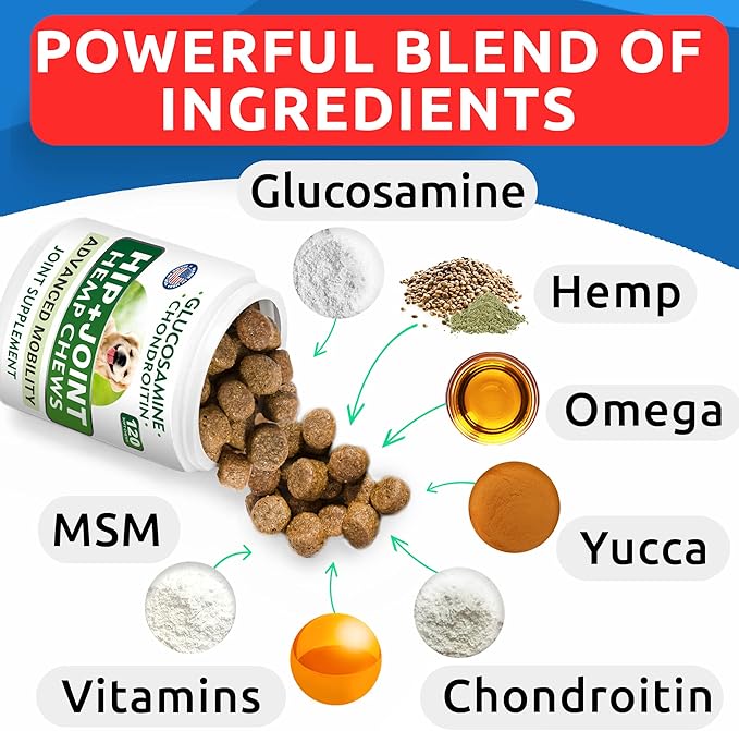 Hemp Chews Dogs Hip Joint Pain Relief - Glucosamine Chondroitin Hemp Treats for Joint Health - Dog Joint Supplement Large Breed & Small - Hemp Oil Pill - Canine Vitamin Treat Old Dog (240Ct/Chicken)