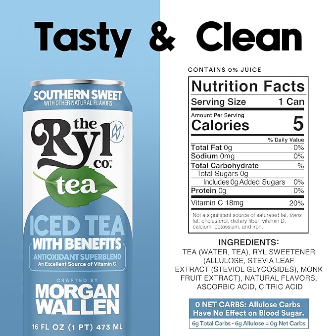 Ryl Iced Tea, Wallen's Sweet, Antioxidant Superblend, Zero Sugar, Low Carb, Low Calorie Iced Tea, 16.0 Fl Oz (4-Pack)