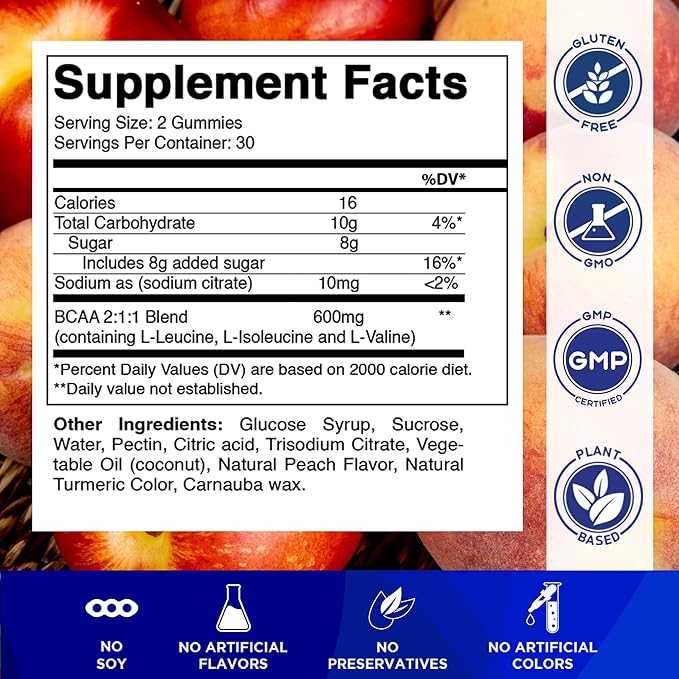 Vitamatic BCAA Gummies - Branch Chain Amino Acid Supplements - Peach Flavor - 600mg per Serving - 60 Vegan Pectin Based Gummies (3 Bottles)