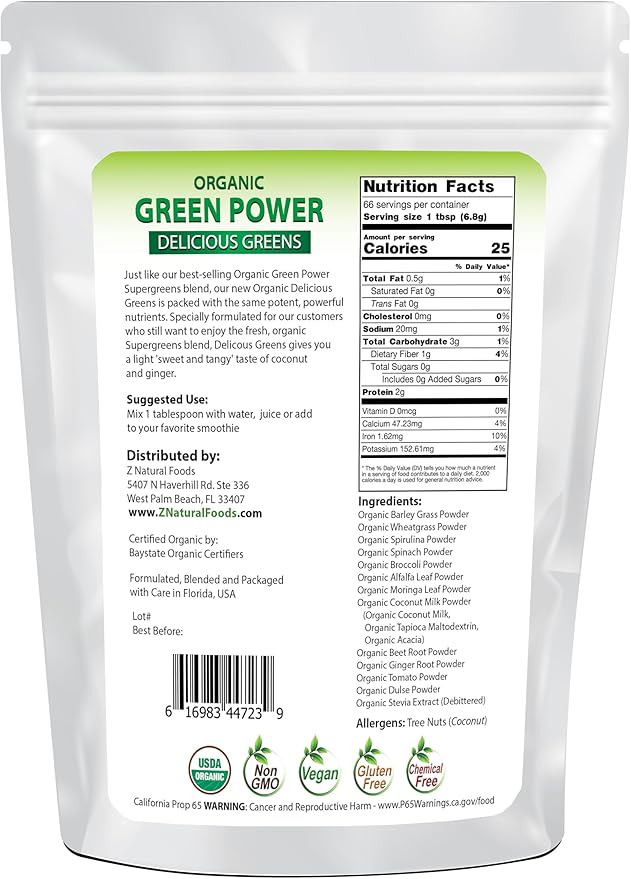 Z Natural Foods Delicious Greens Superfood Powder, Antioxidant-Rich,Tangy and Nutrient-Dense Greens Blend, 100% Natural Superfood, Vegan, Gluten Free, Non-GMO, Kosher, 1 Lb