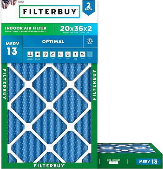 Filterbuy 20x36x2 Air Filter MERV 13 (MPR 1900) Health Defense Replacement (2-Pack), Electrostatic Pleated HVAC AC Furnace Filters, Made in USA (Actual Size: 19.50 x 35.50 x 1.75)
