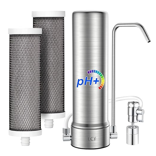 LCF Alkaline Countertop Water Filter, 𝐒𝐢𝐥𝐯𝐞𝐫 𝐈𝐨𝐧𝐬 Enhanced 6-Stage Stainless Steel Water Filter for Sink Faucet, Reduces Heavy Metals, Bad Taste & 99% Chlorine, 16,000 Gallons(2 Filters)