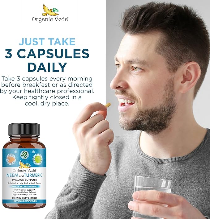 Organic Veda Neem & Turmeric Capsules with Amla Fruit, Tulsi, Holy Basil, Black Pepper Extract - Immune Support Dietary Supplement - Boosts Healthy Clear Skin & Cellular Defense - 120 Vegan Capsules