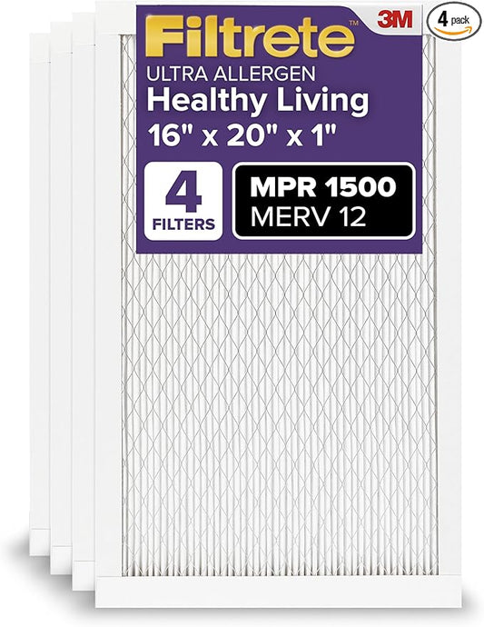 Filtrete 16x20x1 AC Furnace Air Filter, MERV 12, MPR 1500, CERTIFIED asthma & allergy friendly, 3 Month Pleated 1-Inch Electrostatic Air Cleaning Filter, 4-Pack (Actual Size 15.69 x 19.69 x 0.78 in)