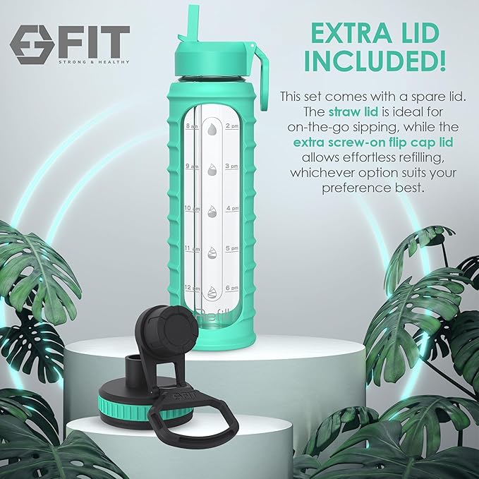 FIT Strong & Healthy 32 oz Glass Water Bottle with Straw Lid, Time Marker, Sleeve & Extra Lid - Motivational, Wide Mouth 1 Liter Glass Drinking Bottle