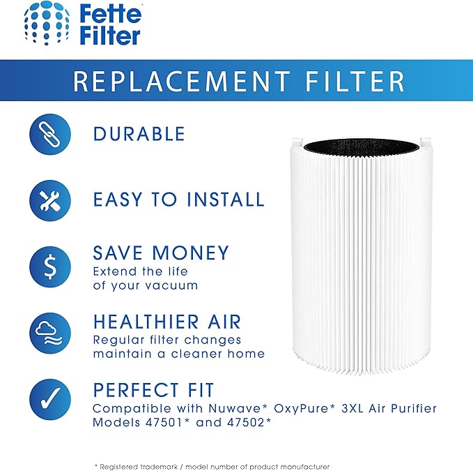 Fette Filter - Replacement H13 TRUE HEPA/Carbon Combo Filter Compatible with Nuwave OxyPure 3XL Air Purifier Models 47501, 47502. (2 Pack)